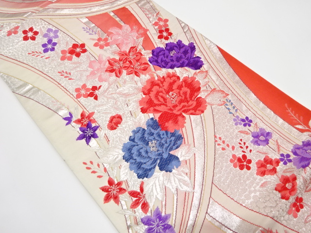 牡丹に百合・草花模様織り出し　袋帯